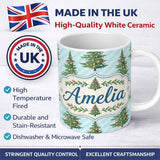 Personalized Custom Name Decorated Christmas Trees with Colorful Baubles on Blue Striped 11oz Ceramic Coffee Tea Mug White Large Handle