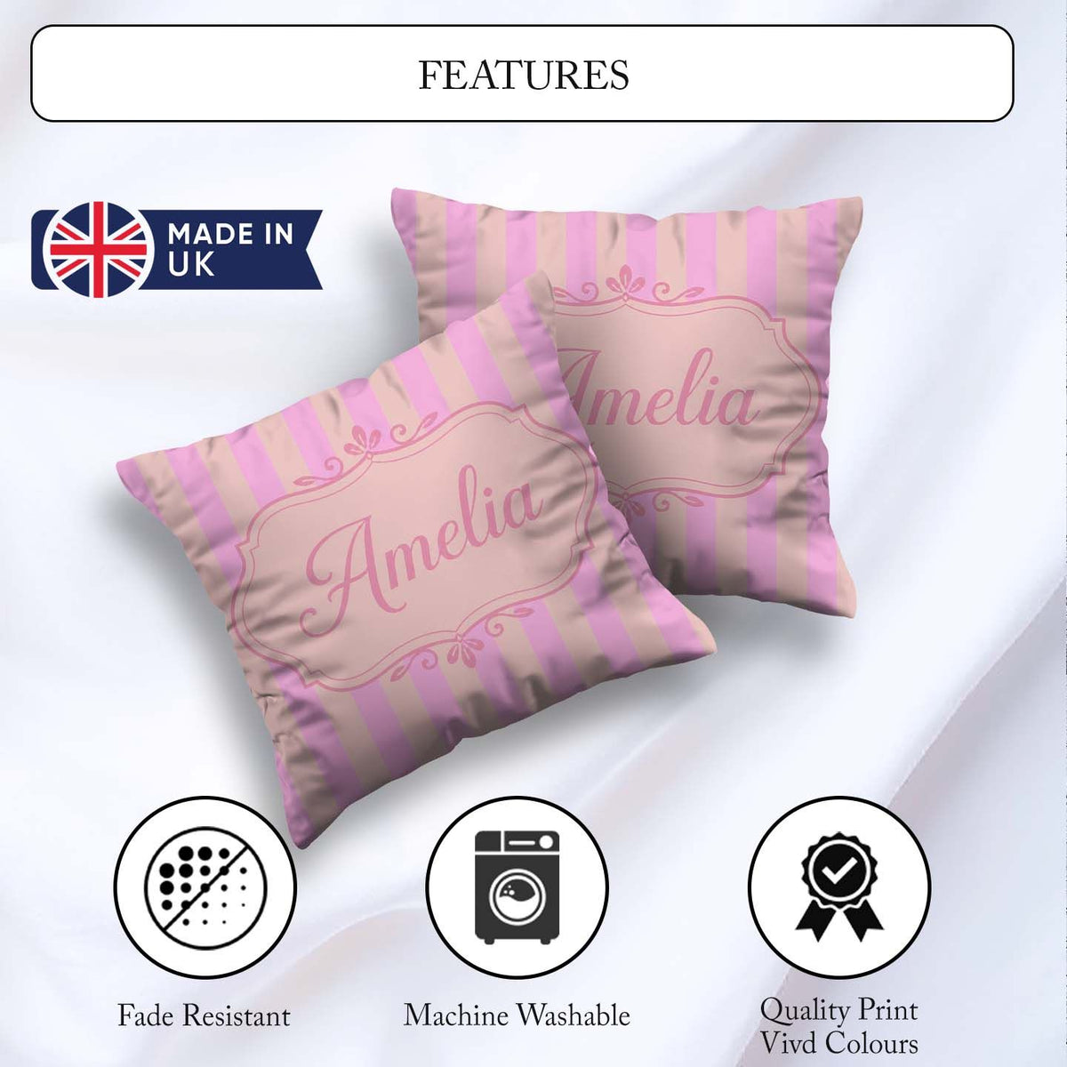 Custom Name Soft Beige and Pink Wavy Stripes Seamless Name Cute Square Filled Cushion Throw Pillow Sofa Bed Home Decor Zip Washable UK Made