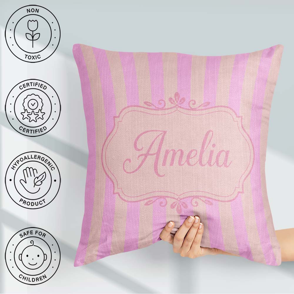 Custom Name Soft Beige and Pink Wavy Stripes Seamless Name Cute Square Filled Cushion Throw Pillow Sofa Bed Home Decor Zip Washable UK Made