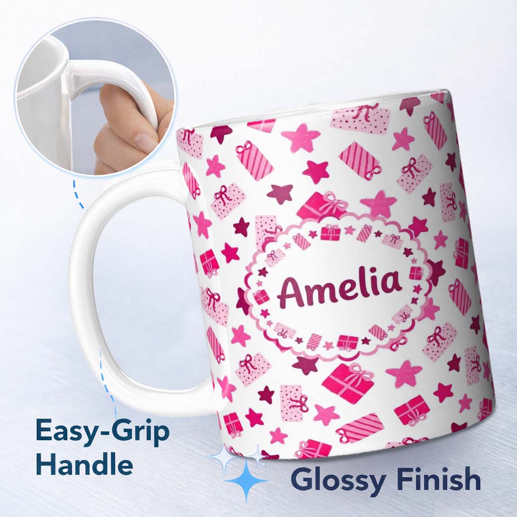 Personalized Custom Name Cute Pink Gift Box Star Festive Seamless Pattern Cute Gift 11oz Ceramic Coffee Tea Mug White Large Handle