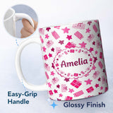 Personalized Custom Name Cute Pink Gift Box Star Festive Seamless Pattern Cute Gift 11oz Ceramic Coffee Tea Mug White Large Handle