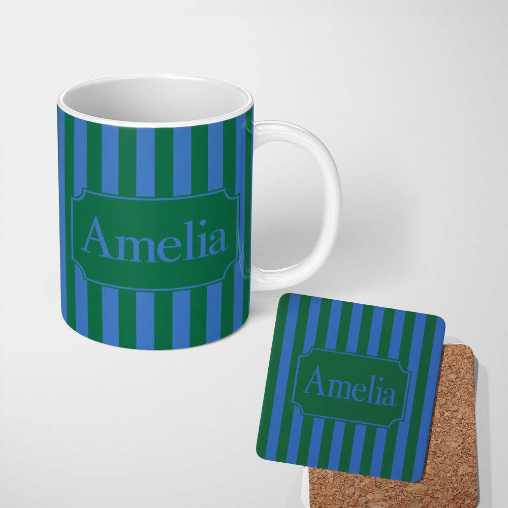 Personalized Custom Name Wavy Blue and Green Vertical Stripes Seamless Pattern Name Cute 11oz Ceramic Coffee Tea Mug White Large Handle