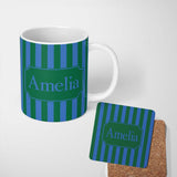 Personalized Custom Name Wavy Blue and Green Vertical Stripes Seamless Pattern Name Cute 11oz Ceramic Coffee Tea Mug White Large Handle
