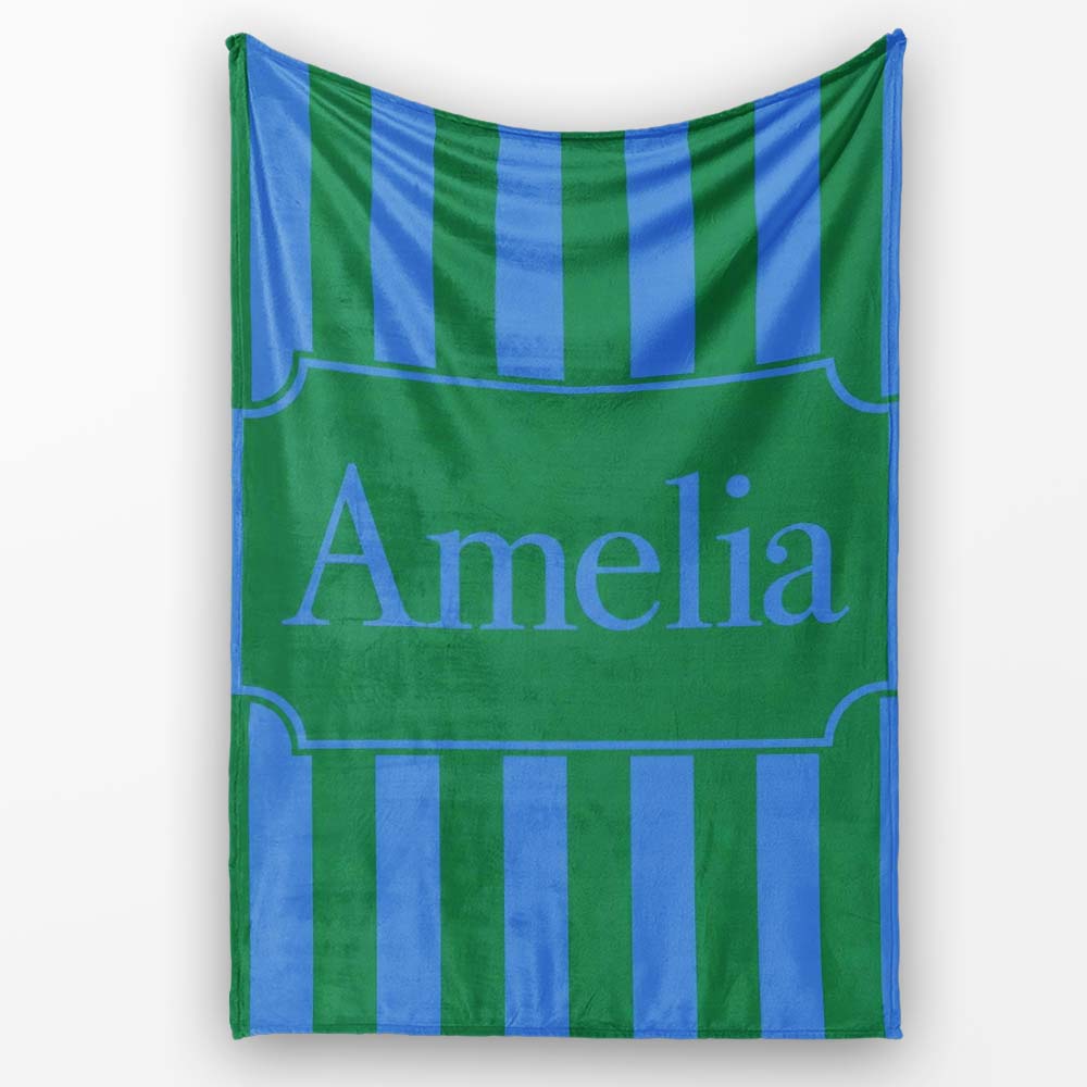 Wavy Blue and Green Vertical Stripes Seamless Pattern Name Cute  Personalised Custom Name Super Soft Fleece Blanket Bed Sofa Throw