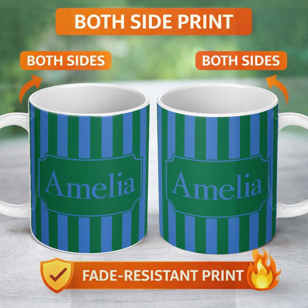 Personalized Custom Name Wavy Blue and Green Vertical Stripes Seamless Pattern Name Cute 11oz Ceramic Coffee Tea Mug White Large Handle