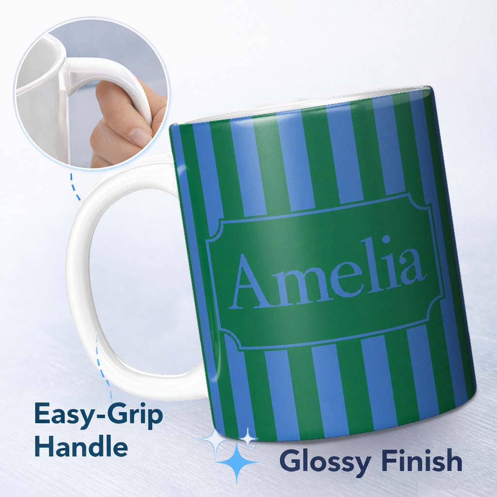 Personalized Custom Name Wavy Blue and Green Vertical Stripes Seamless Pattern Name Cute 11oz Ceramic Coffee Tea Mug White Large Handle