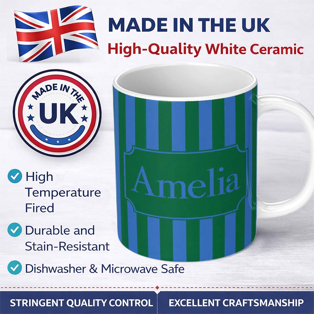 Personalized Custom Name Wavy Blue and Green Vertical Stripes Seamless Pattern Name Cute 11oz Ceramic Coffee Tea Mug White Large Handle