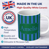 Personalized Custom Name Wavy Blue and Green Vertical Stripes Seamless Pattern Name Cute 11oz Ceramic Coffee Tea Mug White Large Handle