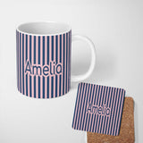 Personalized Custom Name Wavy Navy Blue and Soft Pink Vertical Stripes Seamless Pattern Name 11oz Ceramic Coffee Tea Mug White Large Handle