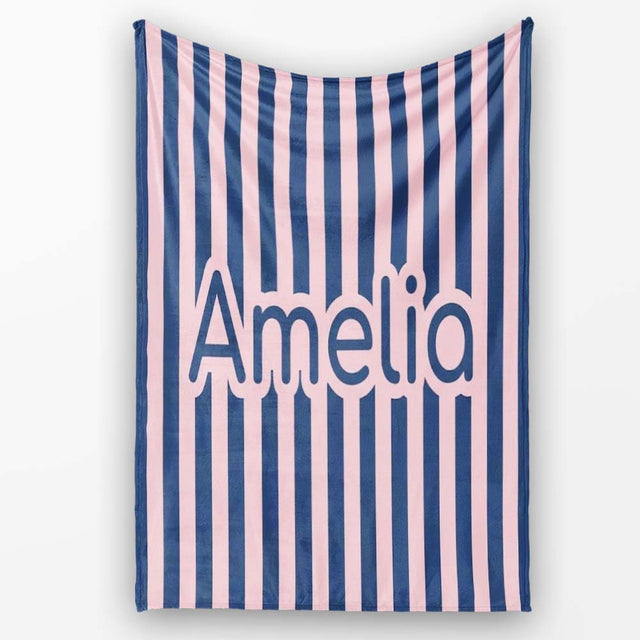 Wavy Navy Blue and Soft Pink Vertical Stripes Seamless Pattern Name  Personalised Custom Name Super Soft Fleece Blanket Bed Sofa Throw
