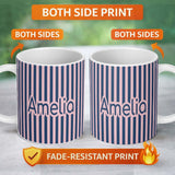 Personalized Custom Name Wavy Navy Blue and Soft Pink Vertical Stripes Seamless Pattern Name 11oz Ceramic Coffee Tea Mug White Large Handle