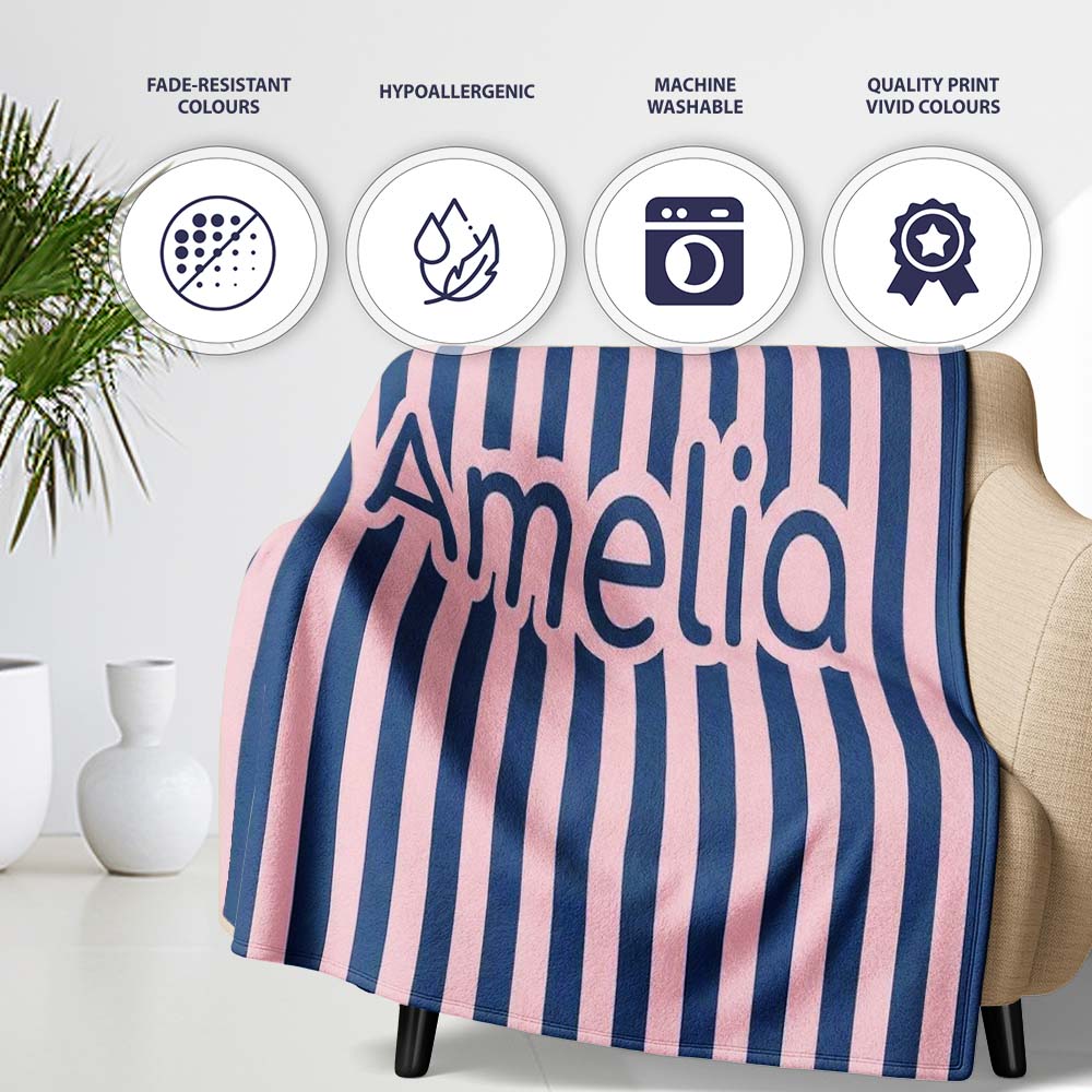 Wavy Navy Blue and Soft Pink Vertical Stripes Seamless Pattern Name  Personalised Custom Name Super Soft Fleece Blanket Bed Sofa Throw
