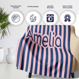 Wavy Navy Blue and Soft Pink Vertical Stripes Seamless Pattern Name  Personalised Custom Name Super Soft Fleece Blanket Bed Sofa Throw