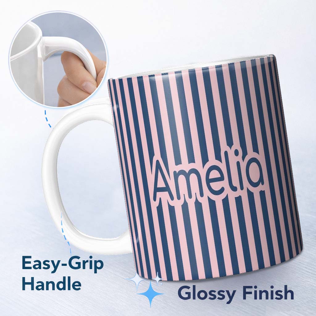 Personalized Custom Name Wavy Navy Blue and Soft Pink Vertical Stripes Seamless Pattern Name 11oz Ceramic Coffee Tea Mug White Large Handle