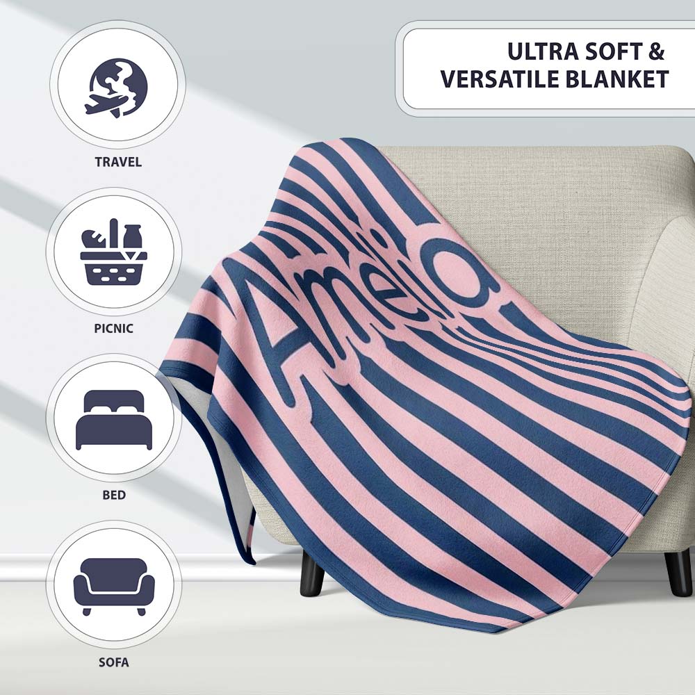 Wavy Navy Blue and Soft Pink Vertical Stripes Seamless Pattern Name  Personalised Custom Name Super Soft Fleece Blanket Bed Sofa Throw