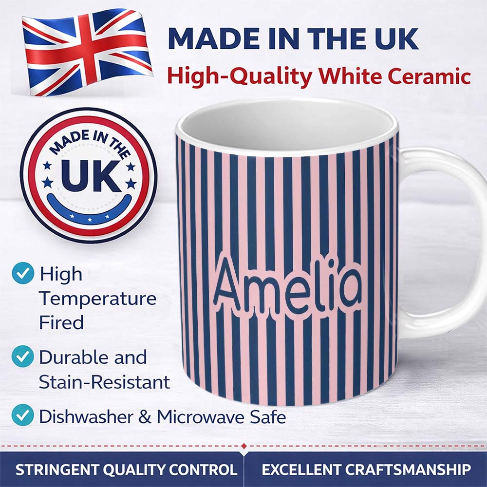 Personalized Custom Name Wavy Navy Blue and Soft Pink Vertical Stripes Seamless Pattern Name 11oz Ceramic Coffee Tea Mug White Large Handle