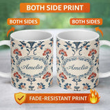 Personalized Custom Name Traditional Blue Red Floral Folk Art Seamless Pattern Lovely 11oz Ceramic Coffee Tea Mug White Large Handle