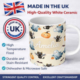 Personalized Custom Name Halloween Ghost Pumpkin Cat Seamless Pattern Beige Cute Spooky 11oz Ceramic Coffee Tea Mug White Large Handle
