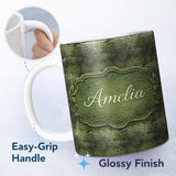 Personalized Custom Name Green Crocodile Skin Texture Pattern Thoughtful Gift Idea Lovely 11oz Ceramic Coffee Tea Mug White Large Handle