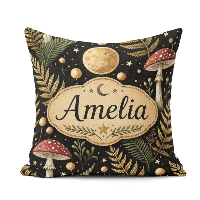 Custom Name Moon Mushroom Botanical Night Garden Seamless Lovely Square Filled Cushion Throw Pillow Sofa Bed Home Decor Zip Washable UK Made