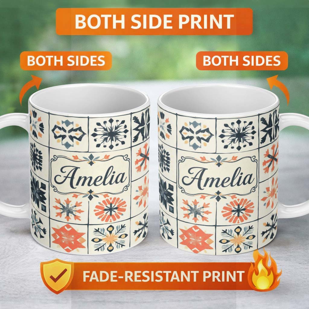 Personalized Custom Name Abstract Geometric Floral Tile Motif Seamless Pattern Name Cute 11oz Ceramic Coffee Tea Mug White Large Handle