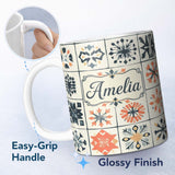 Personalized Custom Name Abstract Geometric Floral Tile Motif Seamless Pattern Name Cute 11oz Ceramic Coffee Tea Mug White Large Handle