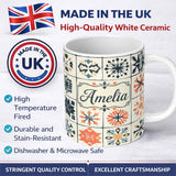 Personalized Custom Name Abstract Geometric Floral Tile Motif Seamless Pattern Name Cute 11oz Ceramic Coffee Tea Mug White Large Handle