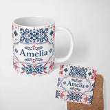 Personalized Custom Name Folk Art Blue and Red Floral Symmetry Seamless Pattern Name Cute 11oz Ceramic Coffee Tea Mug White Large Handle