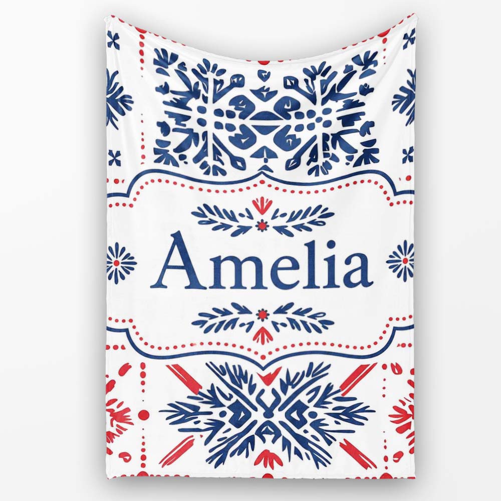 Folk Art Blue and Red Floral Symmetry Seamless Pattern Name Cute  Personalised Custom Name Super Soft Fleece Blanket Bed Sofa Throw
