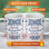 Personalized Custom Name Folk Art Blue and Red Floral Symmetry Seamless Pattern Name Cute 11oz Ceramic Coffee Tea Mug White Large Handle