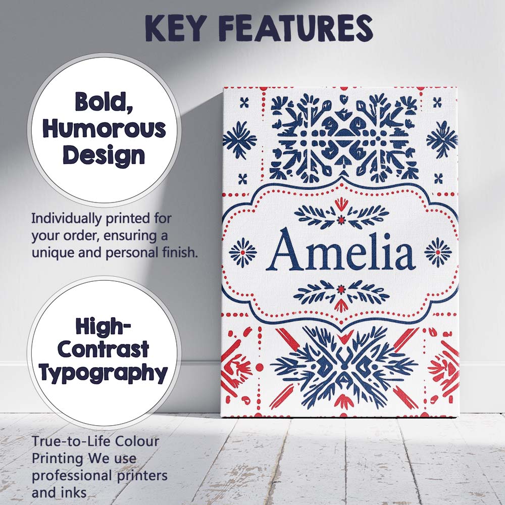 Personalised Name Folk Blue and Red Custom  Stylish Home Interior Elegant Feature Canvas Wall Art Print Decor Picture Ready to Hang