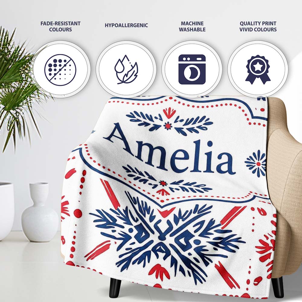Folk Art Blue and Red Floral Symmetry Seamless Pattern Name Cute  Personalised Custom Name Super Soft Fleece Blanket Bed Sofa Throw