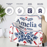 Folk Art Blue and Red Floral Symmetry Seamless Pattern Name Cute  Personalised Custom Name Super Soft Fleece Blanket Bed Sofa Throw