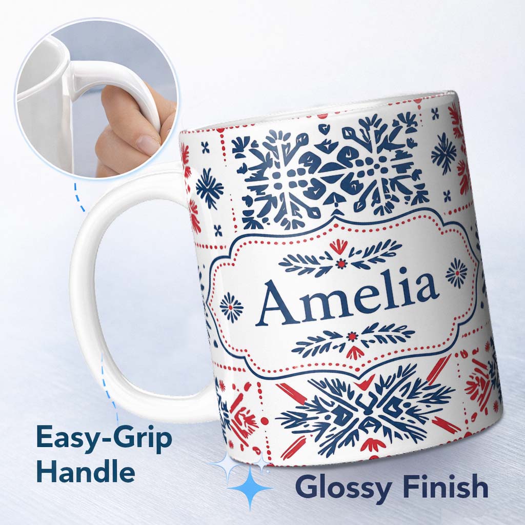 Personalized Custom Name Folk Art Blue and Red Floral Symmetry Seamless Pattern Name Cute 11oz Ceramic Coffee Tea Mug White Large Handle