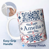 Personalized Custom Name Folk Art Blue and Red Floral Symmetry Seamless Pattern Name Cute 11oz Ceramic Coffee Tea Mug White Large Handle