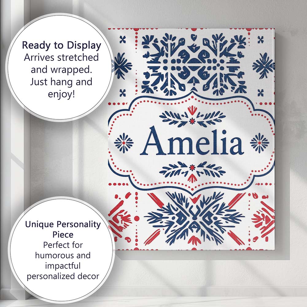 Personalised Name Folk Blue and Red Custom  Stylish Home Interior Elegant Feature Canvas Wall Art Print Decor Picture Ready to Hang