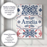 Personalised Name Folk Blue and Red Custom  Stylish Home Interior Elegant Feature Canvas Wall Art Print Decor Picture Ready to Hang