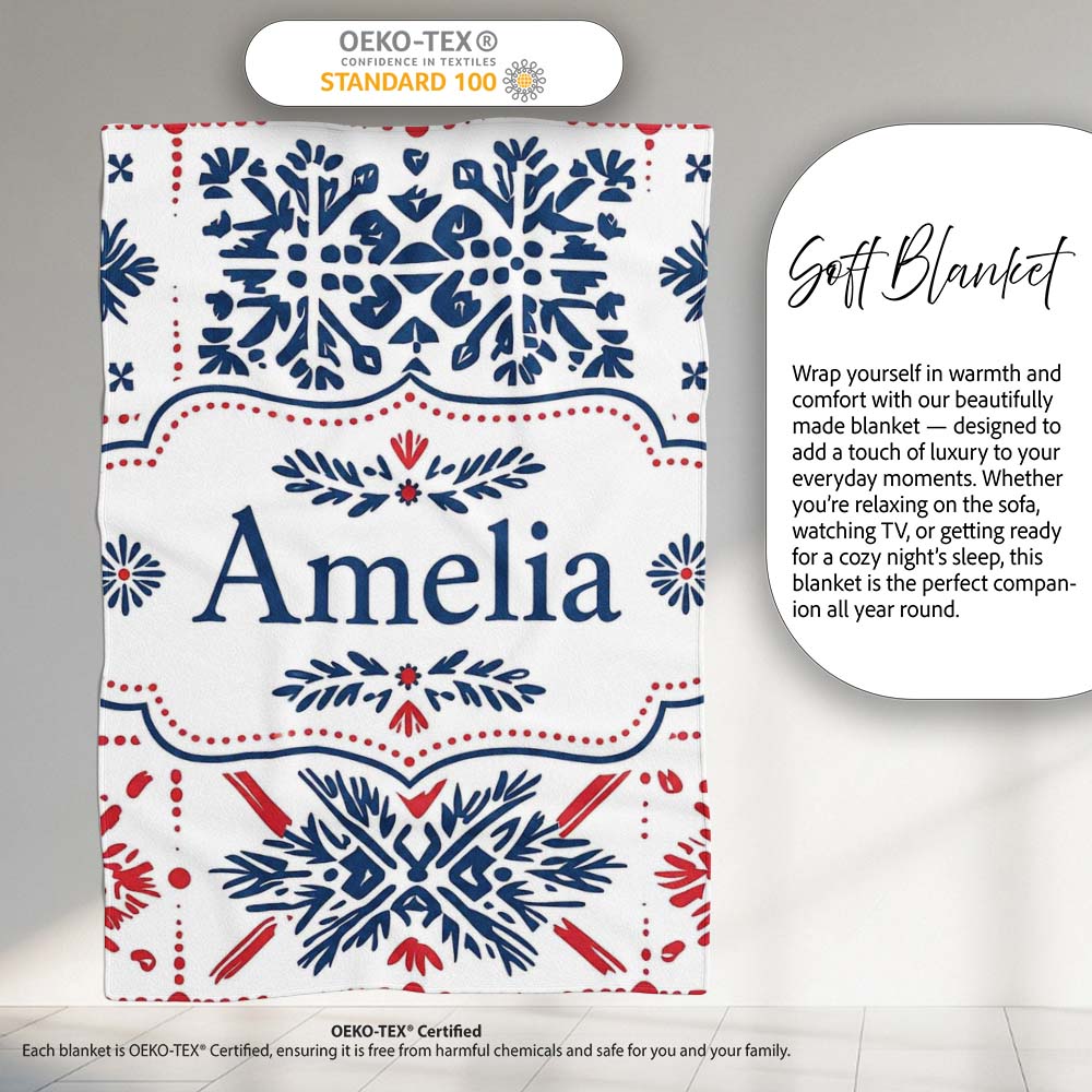 Folk Art Blue and Red Floral Symmetry Seamless Pattern Name Cute  Personalised Custom Name Super Soft Fleece Blanket Bed Sofa Throw