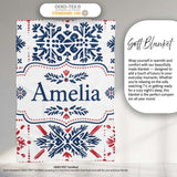 Folk Art Blue and Red Floral Symmetry Seamless Pattern Name Cute  Personalised Custom Name Super Soft Fleece Blanket Bed Sofa Throw