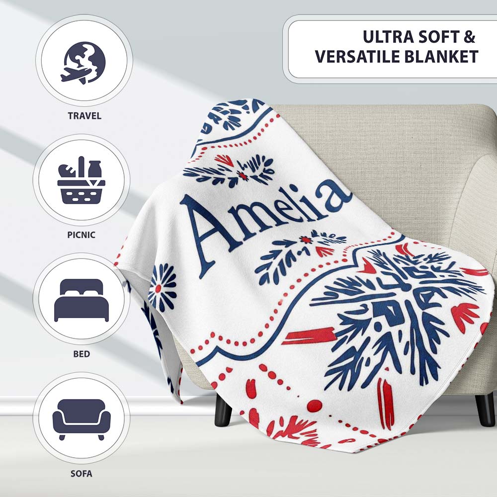 Folk Art Blue and Red Floral Symmetry Seamless Pattern Name Cute  Personalised Custom Name Super Soft Fleece Blanket Bed Sofa Throw