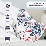 Folk Art Blue and Red Floral Symmetry Seamless Pattern Name Cute  Personalised Custom Name Super Soft Fleece Blanket Bed Sofa Throw
