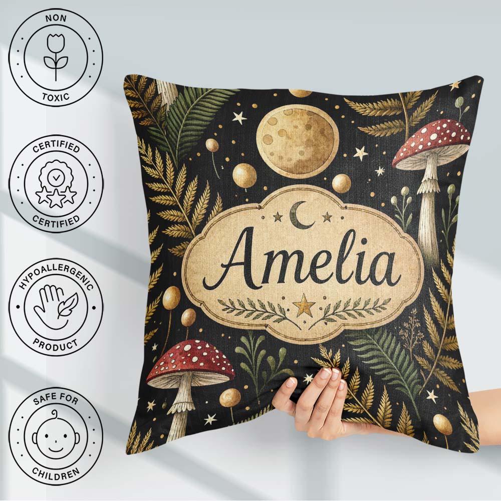 Custom Name Moon Mushroom Botanical Night Garden Seamless Lovely Square Filled Cushion Throw Pillow Sofa Bed Home Decor Zip Washable UK Made