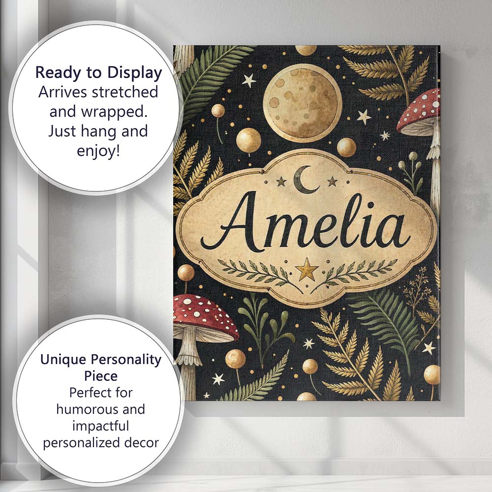 Personalised Name Moon Mushroom Botanical Night Garden Seamless Custom  Statement Canvas Wall Art Print Decor Picture Ready to Hang