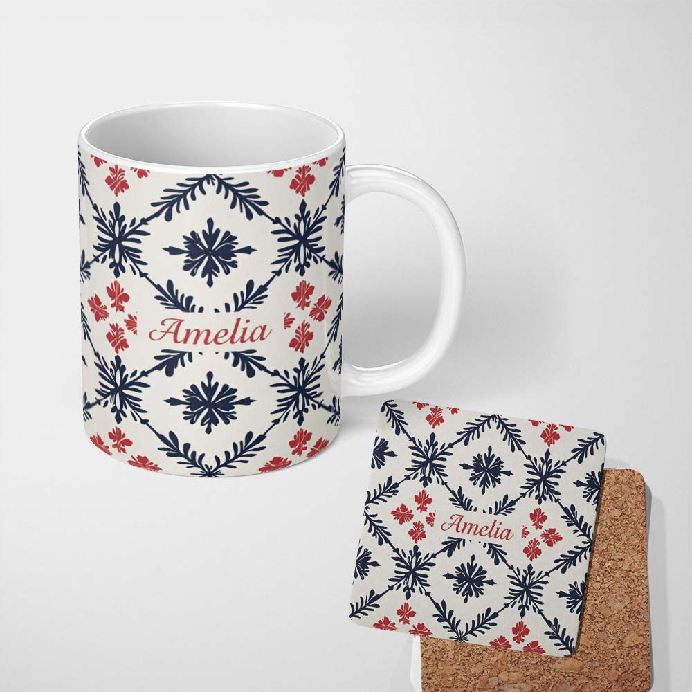 Personalized Custom Name Scandinavian Style Blue Red Floral Tile Seamless Pattern Name Cute 11oz Ceramic Coffee Tea Mug White Large Handle