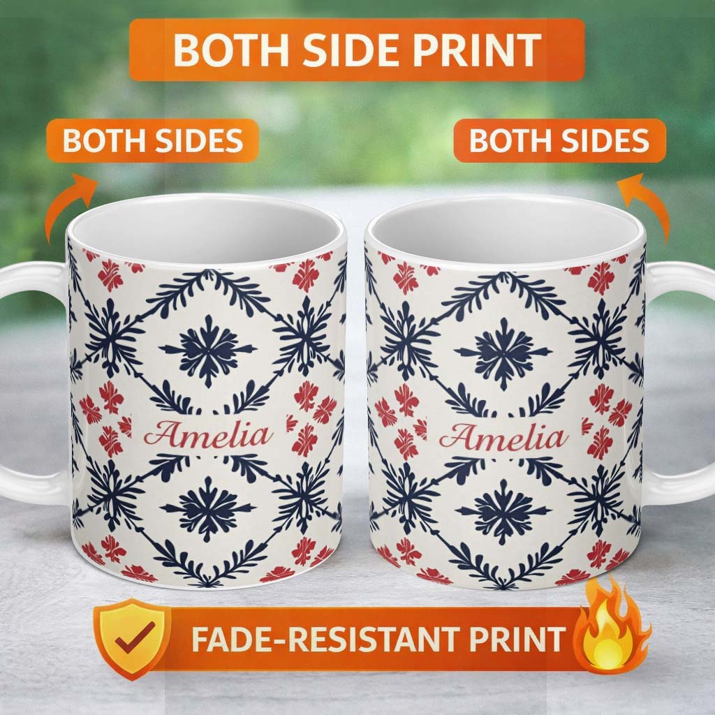 Personalized Custom Name Scandinavian Style Blue Red Floral Tile Seamless Pattern Name Cute 11oz Ceramic Coffee Tea Mug White Large Handle