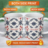 Personalized Custom Name Scandinavian Style Blue Red Floral Tile Seamless Pattern Name Cute 11oz Ceramic Coffee Tea Mug White Large Handle