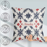 Custom Name Scandinavian Style Blue Red Floral Tile Pattern Name Square Filled Cushion Throw Pillow Sofa Bed Home Decor Zip Washable UK Made
