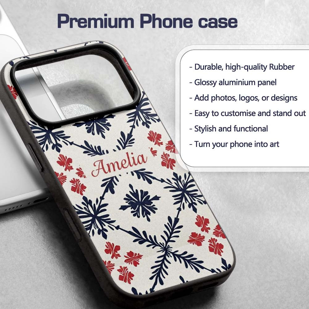 Scandinavian Style Blue Red Floral Tile Seamless Custom Name Protective Phone Case Mobile Cover Durable Everyday Smartphone Shock Resistant