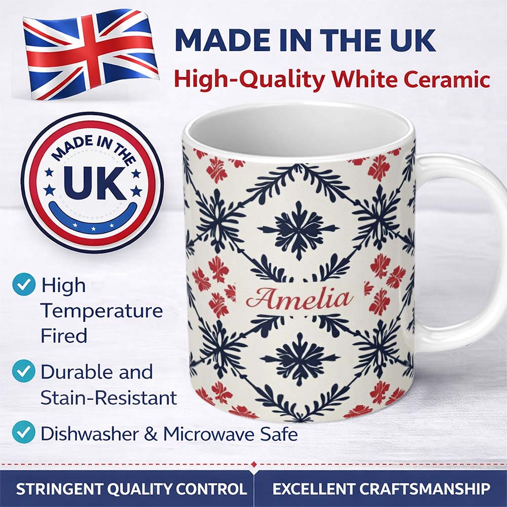Personalized Custom Name Scandinavian Style Blue Red Floral Tile Seamless Pattern Name Cute 11oz Ceramic Coffee Tea Mug White Large Handle