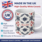 Personalized Custom Name Scandinavian Style Blue Red Floral Tile Seamless Pattern Name Cute 11oz Ceramic Coffee Tea Mug White Large Handle
